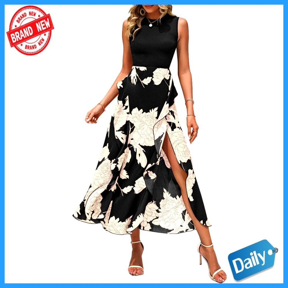 Sleeveless Patchwork Midi Dress Boho Floral Ruffle A-Line Party Wear